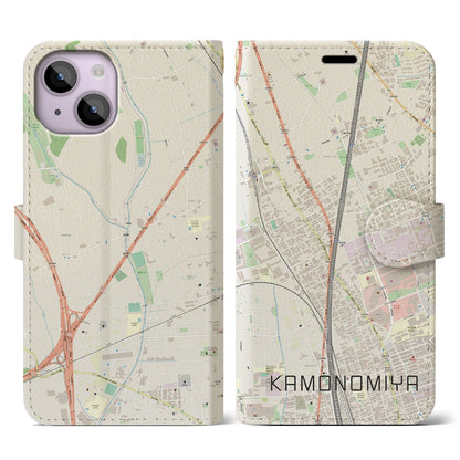 【加茂宮（埼玉県）】地図柄iPhoneケース（手帳タイプ）ナチュラル・iPhone 14 用