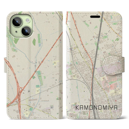 【加茂宮（埼玉県）】地図柄iPhoneケース（手帳タイプ）ナチュラル・iPhone 15 用