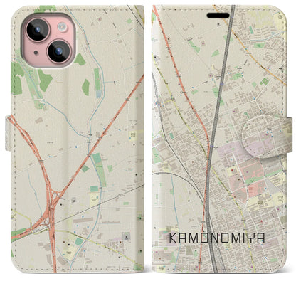 【加茂宮（埼玉県）】地図柄iPhoneケース（手帳タイプ）ナチュラル・iPhone 15 Plus 用