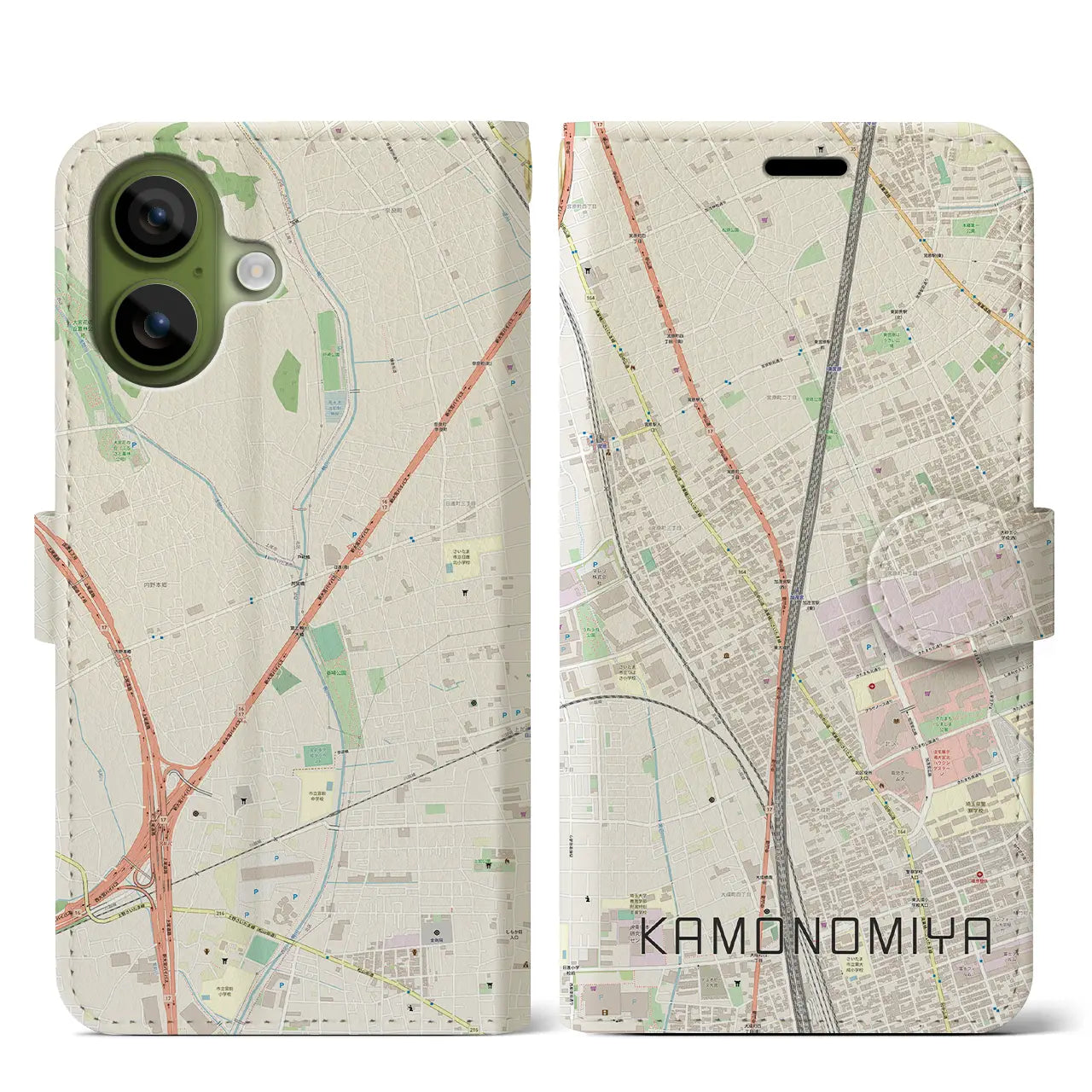 【加茂宮（埼玉県）】地図柄iPhoneケース（手帳タイプ）