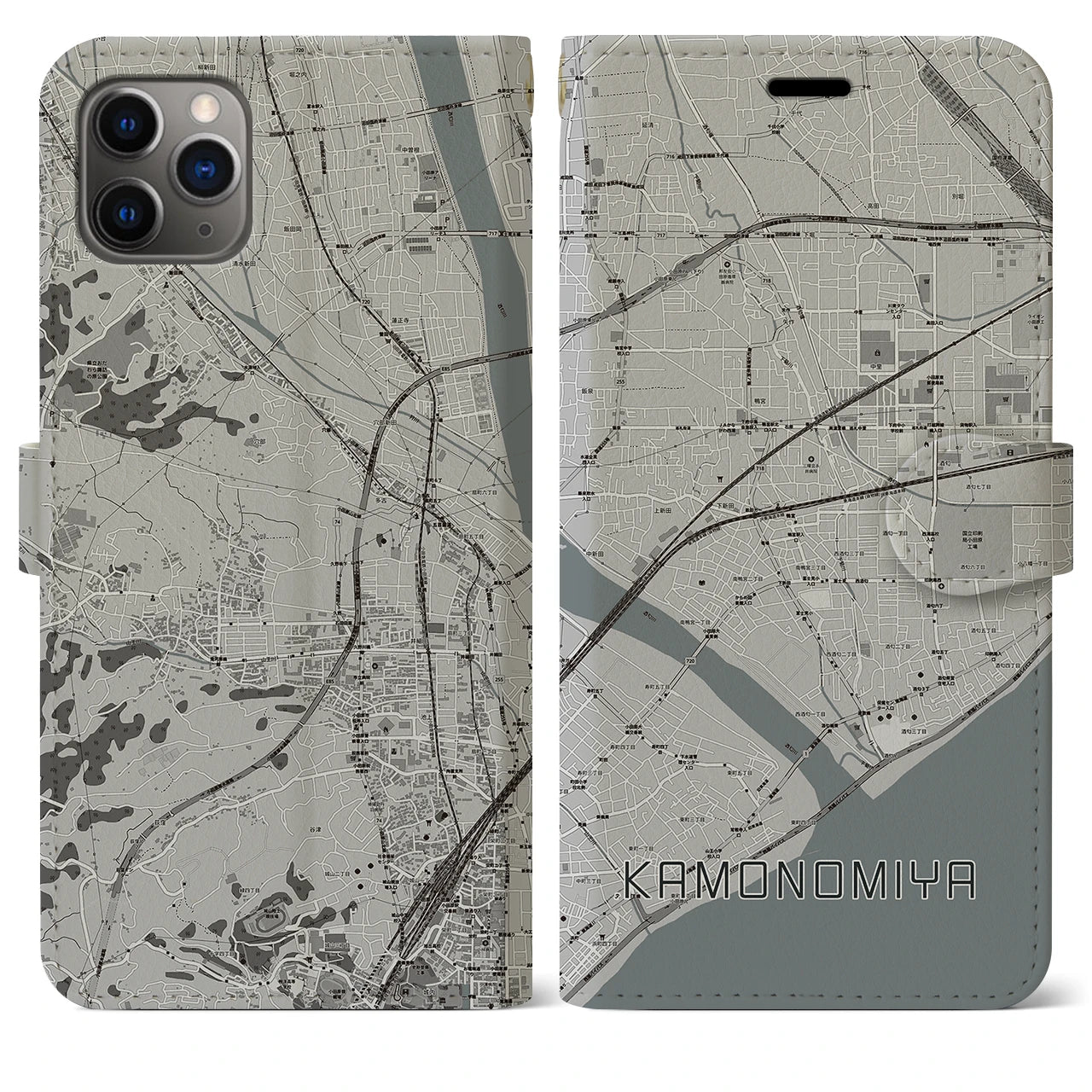 【鴨宮】地図柄iPhoneケース（手帳両面タイプ・モノトーン）iPhone 11 Pro Max 用
