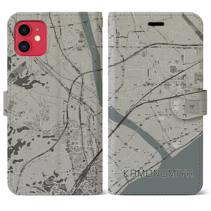 【鴨宮（神奈川県）】地図柄iPhoneケース（手帳タイプ）モノトーン・iPhone 11 用