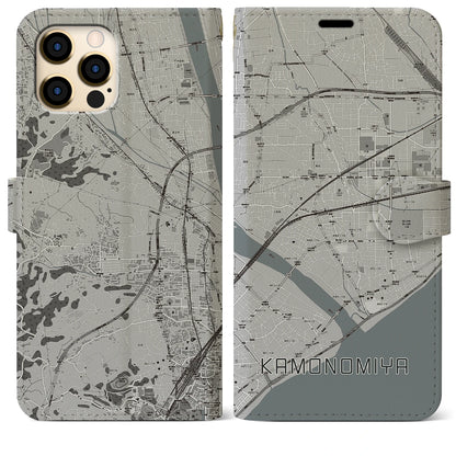 【鴨宮（神奈川県）】地図柄iPhoneケース（手帳タイプ）モノトーン・iPhone 12 Pro Max 用