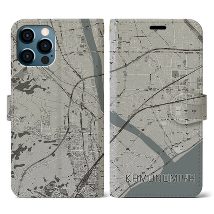 【鴨宮（神奈川県）】地図柄iPhoneケース（手帳タイプ）モノトーン・iPhone 12 / 12 Pro 用