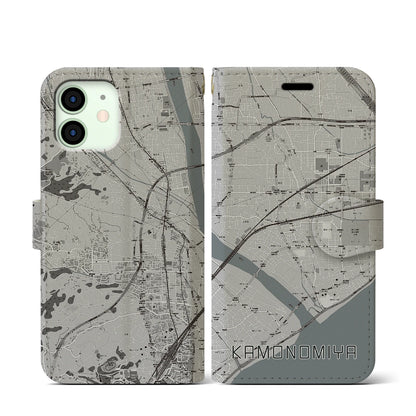 【鴨宮（神奈川県）】地図柄iPhoneケース（手帳タイプ）モノトーン・iPhone 12 mini 用