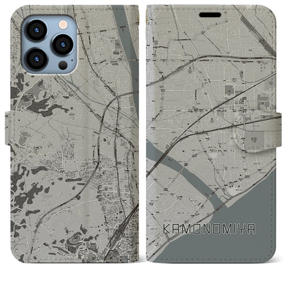 【鴨宮（神奈川県）】地図柄iPhoneケース（手帳タイプ）モノトーン・iPhone 13 Pro Max 用