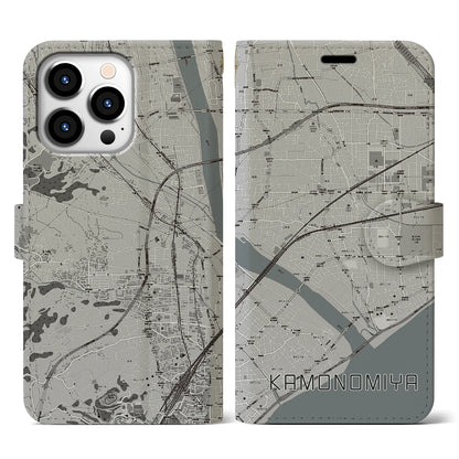 【鴨宮（神奈川県）】地図柄iPhoneケース（手帳タイプ）モノトーン・iPhone 13 Pro 用