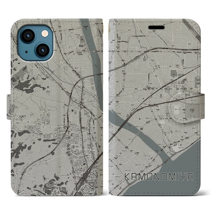 【鴨宮（神奈川県）】地図柄iPhoneケース（手帳タイプ）モノトーン・iPhone 13 用