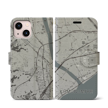 【鴨宮（神奈川県）】地図柄iPhoneケース（手帳タイプ）モノトーン・iPhone 13 mini 用