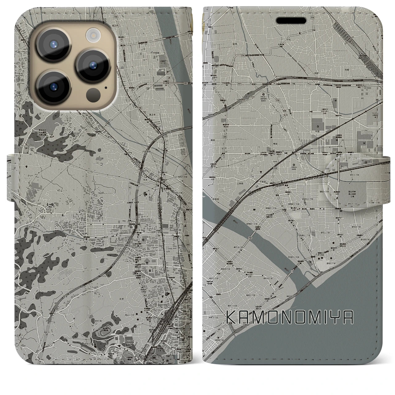 【鴨宮】地図柄iPhoneケース（手帳両面タイプ・モノトーン）iPhone 14 Pro Max 用