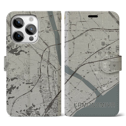【鴨宮（神奈川県）】地図柄iPhoneケース（手帳タイプ）モノトーン・iPhone 14 Pro 用