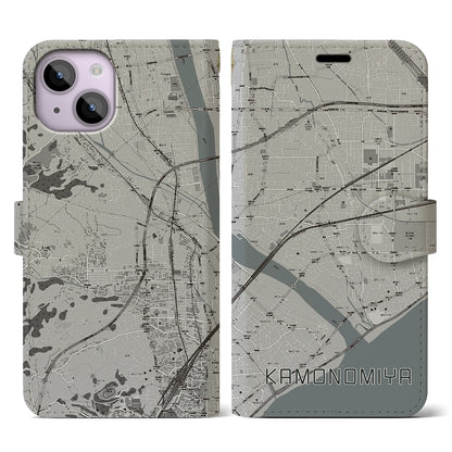 【鴨宮（神奈川県）】地図柄iPhoneケース（手帳タイプ）モノトーン・iPhone 14 用