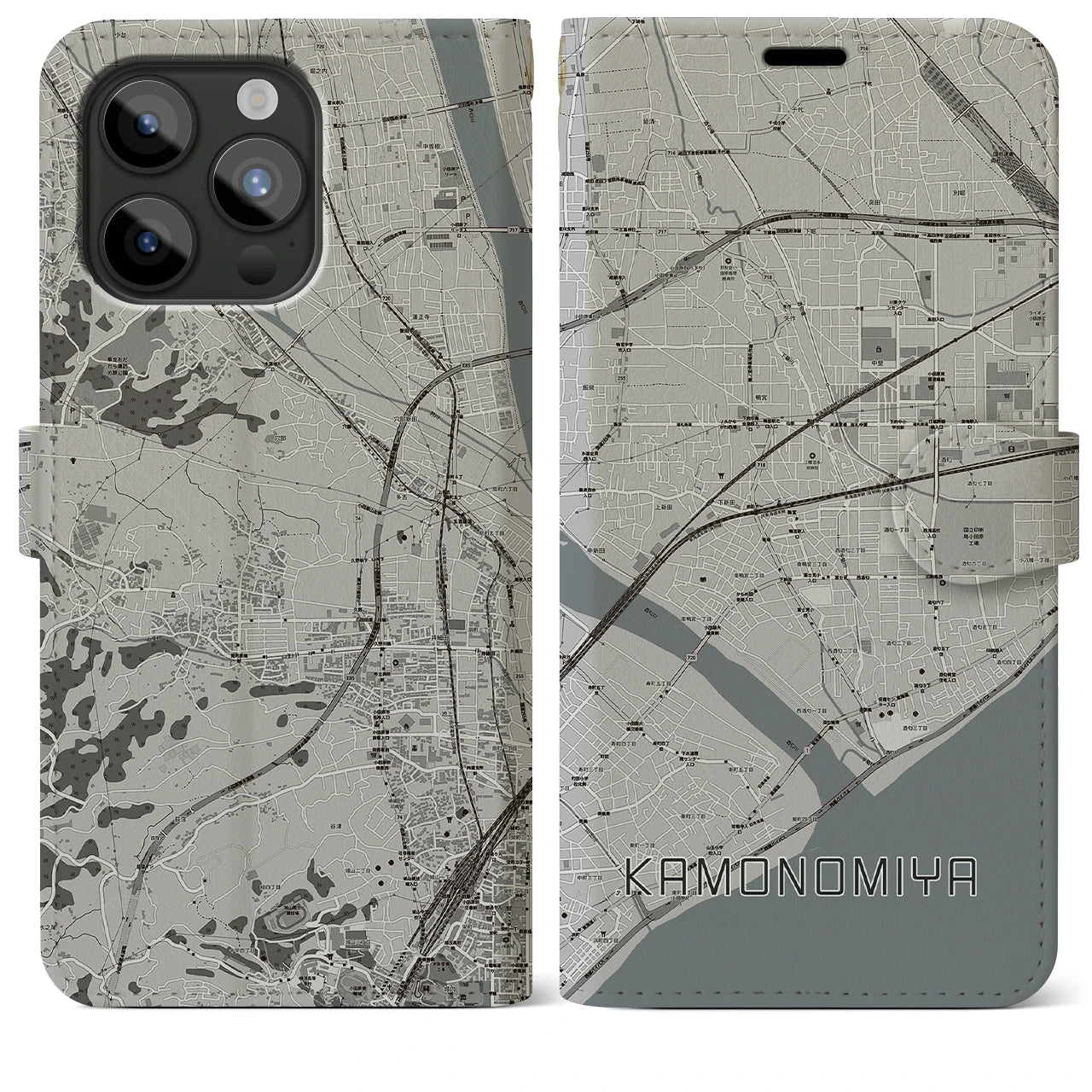 【鴨宮】地図柄iPhoneケース（手帳両面タイプ・モノトーン）iPhone 15 Pro Max 用