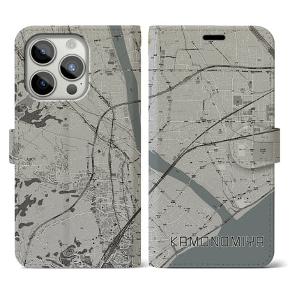 【鴨宮（神奈川県）】地図柄iPhoneケース（手帳タイプ）モノトーン・iPhone 15 Pro 用