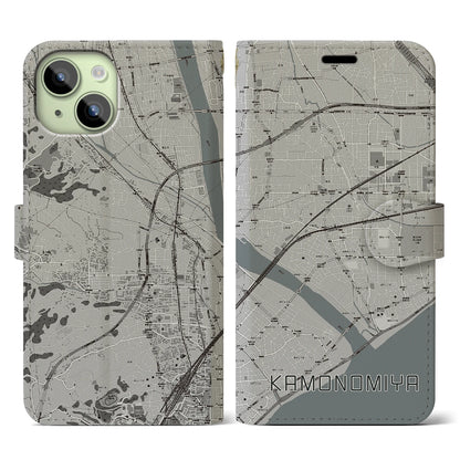 【鴨宮（神奈川県）】地図柄iPhoneケース（手帳タイプ）モノトーン・iPhone 15 用
