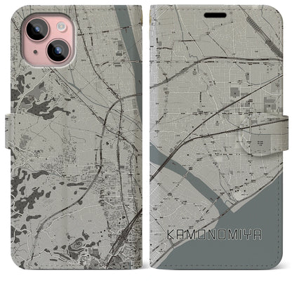 【鴨宮（神奈川県）】地図柄iPhoneケース（手帳タイプ）モノトーン・iPhone 15 Plus 用
