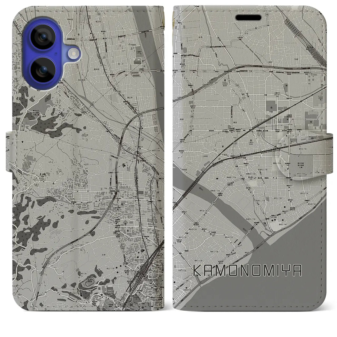 【鴨宮(神奈川県)】地図柄iPhoneケース(手帳タイプ)モノトーン・iPhone 16 Pro Max 用