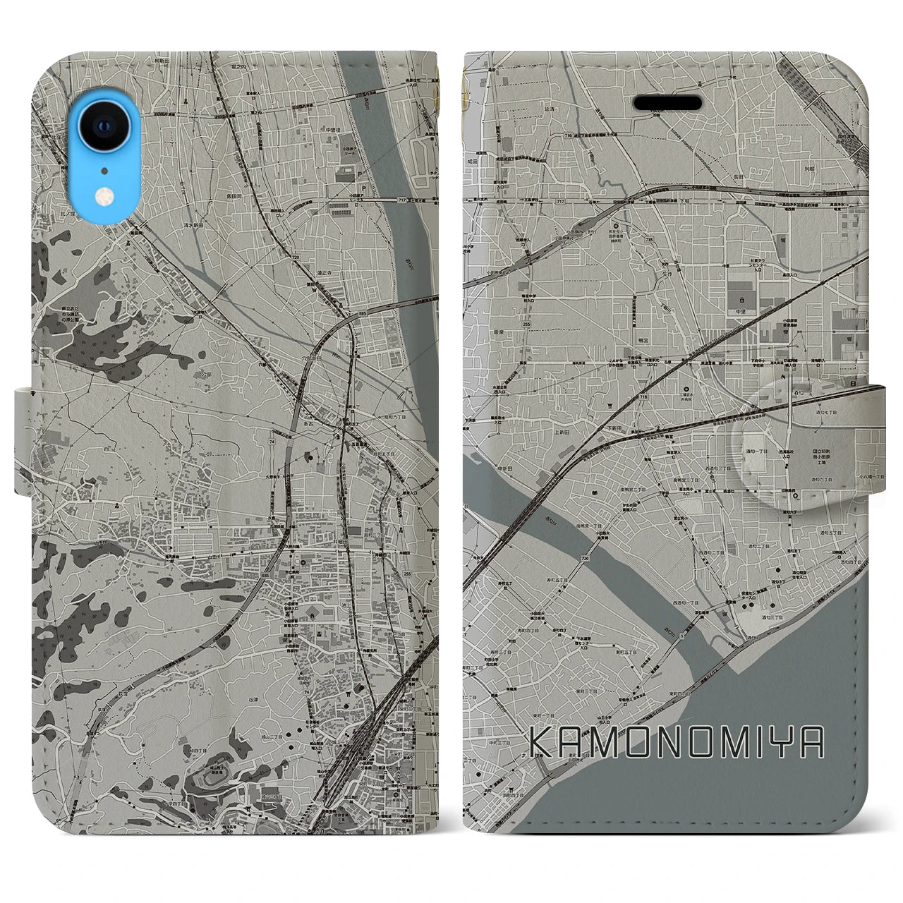 【鴨宮】地図柄iPhoneケース（手帳両面タイプ・モノトーン）iPhone XR 用
