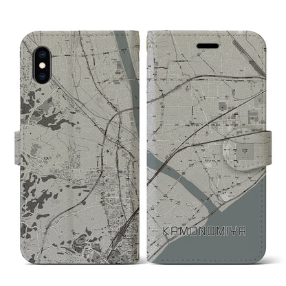【鴨宮（神奈川県）】地図柄iPhoneケース（手帳タイプ）モノトーン・iPhone XS / X 用