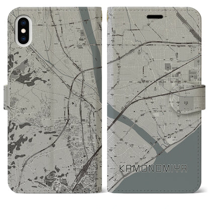 【鴨宮（神奈川県）】地図柄iPhoneケース（手帳タイプ）モノトーン・iPhone XS Max 用