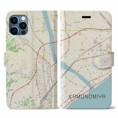 【鴨宮（神奈川県）】地図柄iPhoneケース（手帳タイプ）ナチュラル・iPhone 12 / 12 Pro 用