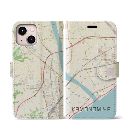 【鴨宮（神奈川県）】地図柄iPhoneケース（手帳タイプ）ナチュラル・iPhone 13 mini 用