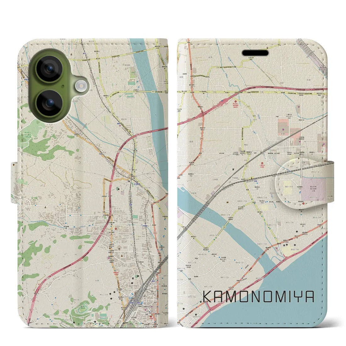 【鴨宮（神奈川県）】地図柄iPhoneケース（手帳タイプ）ナチュラル・iPhone 17 Pro Max 用