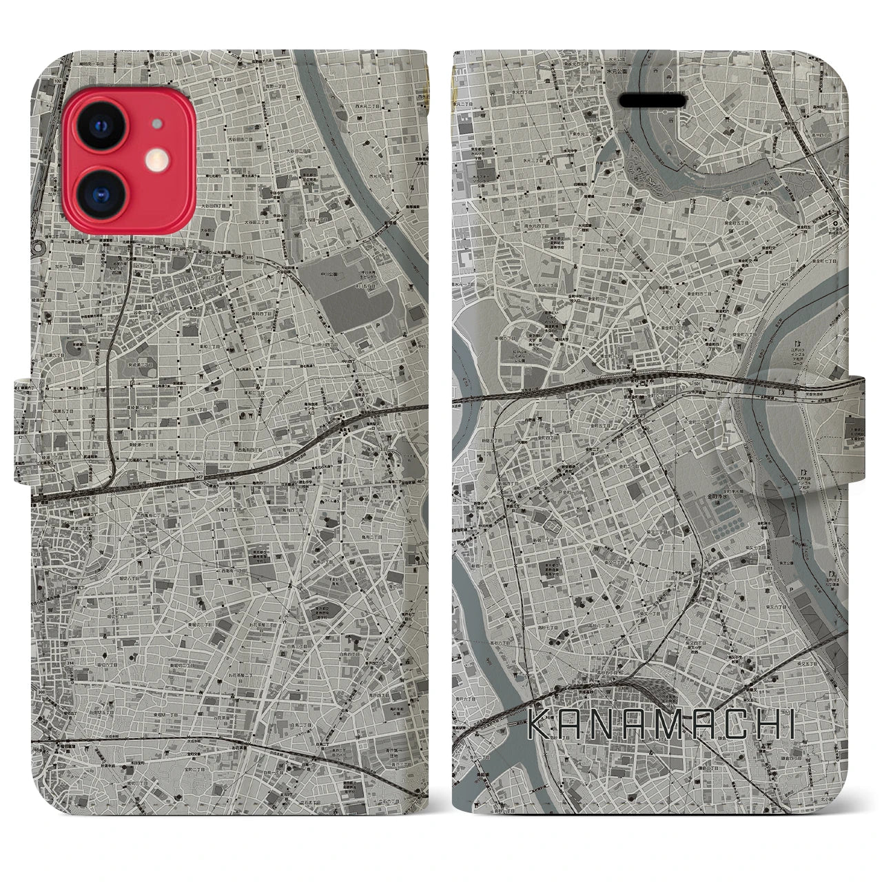 【金町】地図柄iPhoneケース（手帳両面タイプ・モノトーン）iPhone 11 用