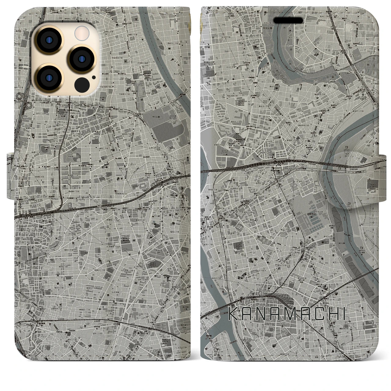 【金町】地図柄iPhoneケース（手帳両面タイプ・モノトーン）iPhone 12 Pro Max 用