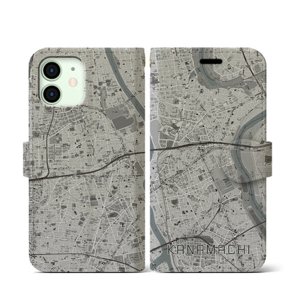 【金町（東京都）】地図柄iPhoneケース（手帳タイプ）モノトーン・iPhone 12 mini 用