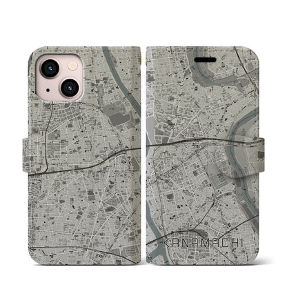 【金町（東京都）】地図柄iPhoneケース（手帳タイプ）モノトーン・iPhone 13 mini 用