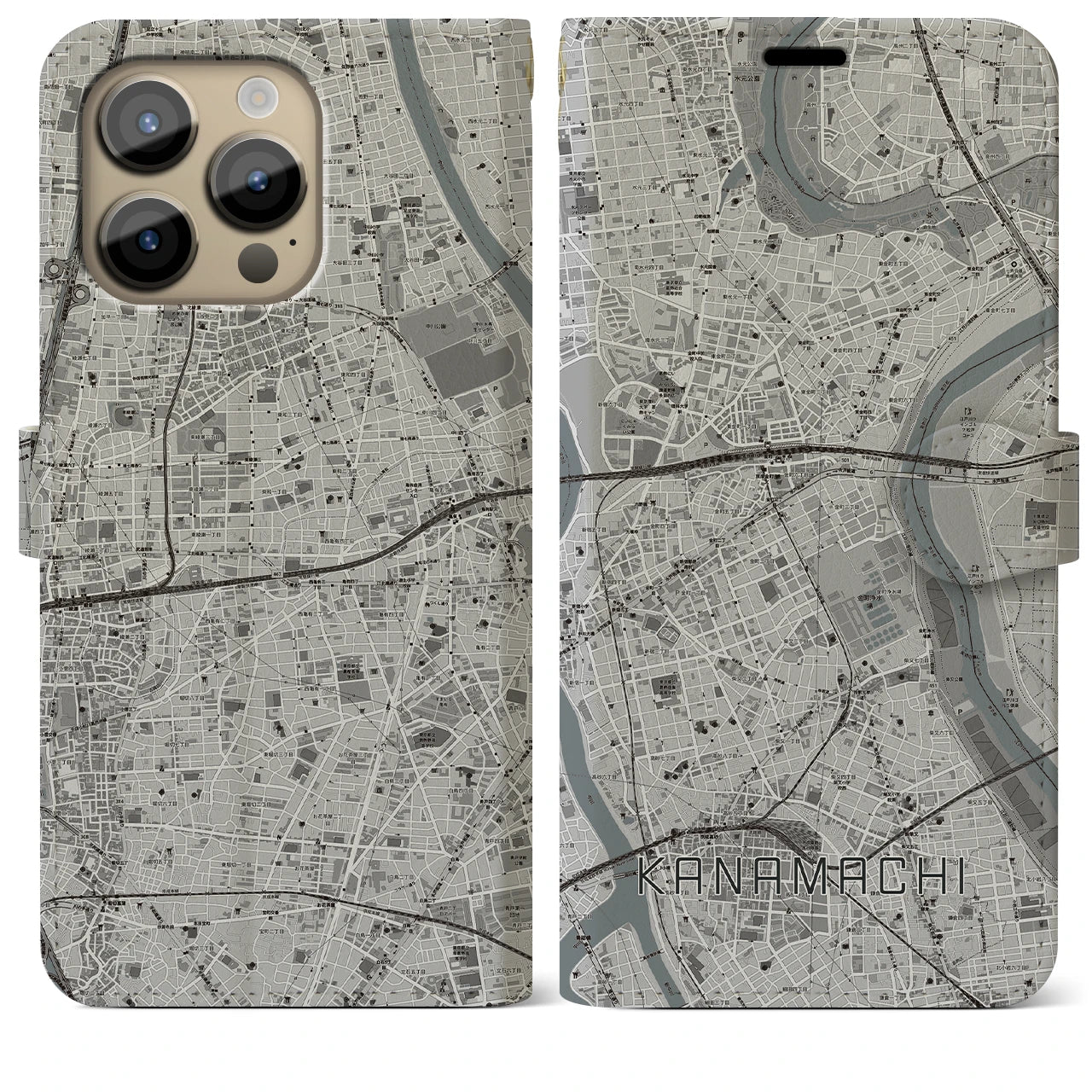 【金町】地図柄iPhoneケース（手帳両面タイプ・モノトーン）iPhone 14 Pro Max 用