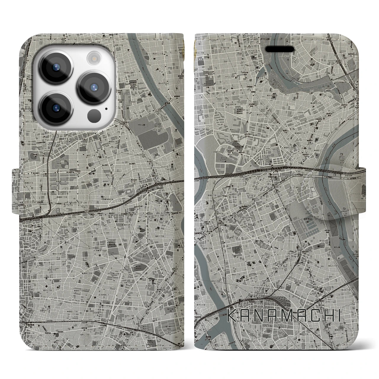 【金町】地図柄iPhoneケース（手帳両面タイプ・モノトーン）iPhone 14 Pro 用