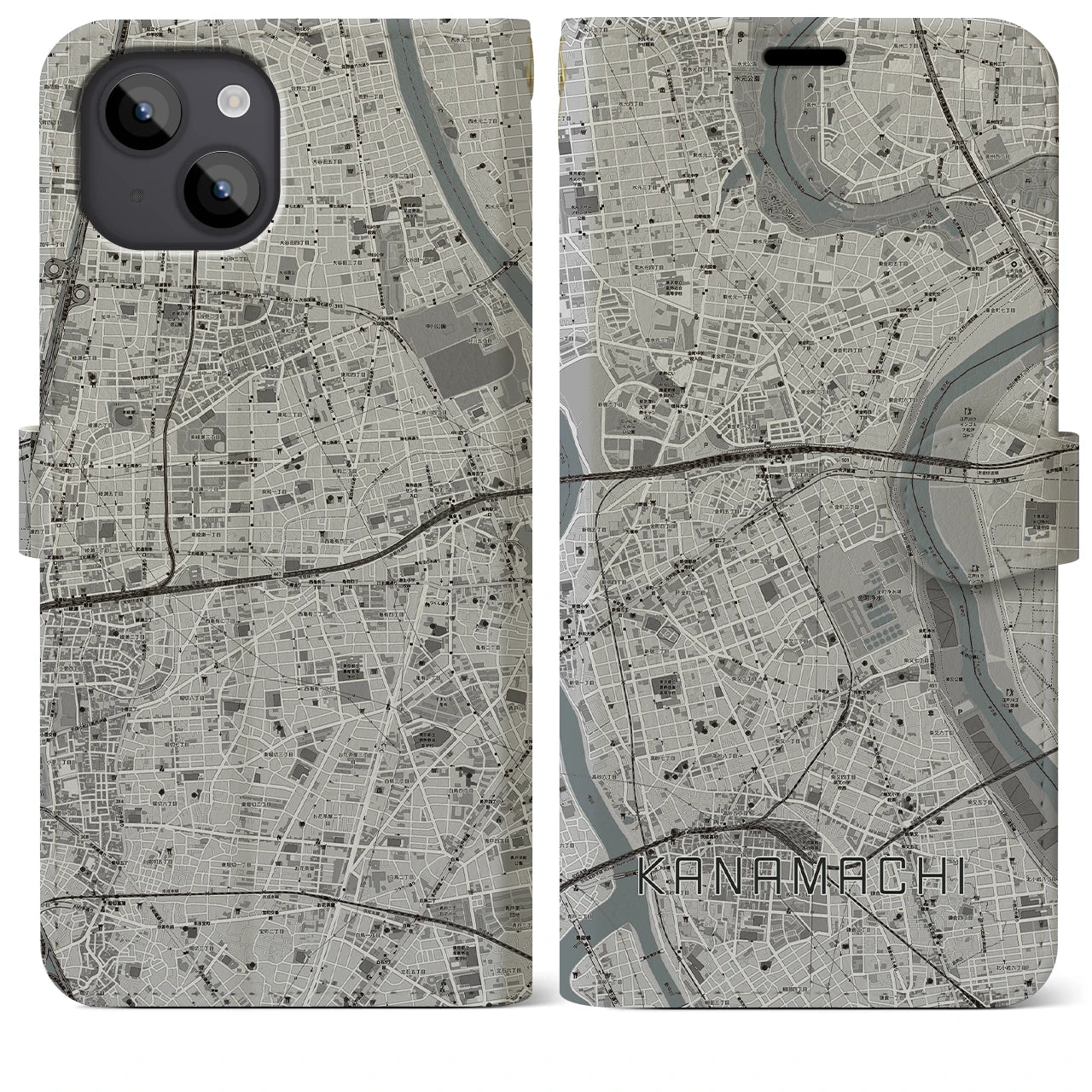 【金町】地図柄iPhoneケース（手帳両面タイプ・モノトーン）iPhone 14 Plus 用