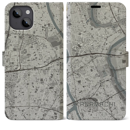 【金町（東京都）】地図柄iPhoneケース（手帳タイプ）モノトーン・iPhone 14 Plus 用