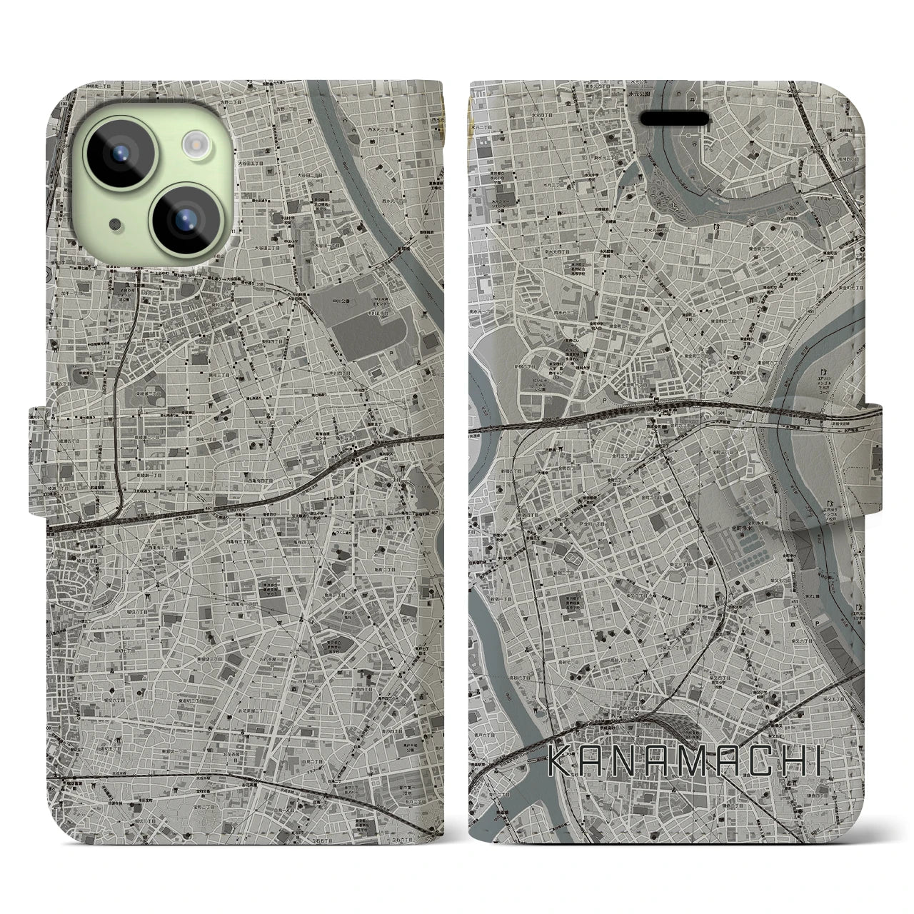 【金町】地図柄iPhoneケース（手帳両面タイプ・モノトーン）iPhone 15 用