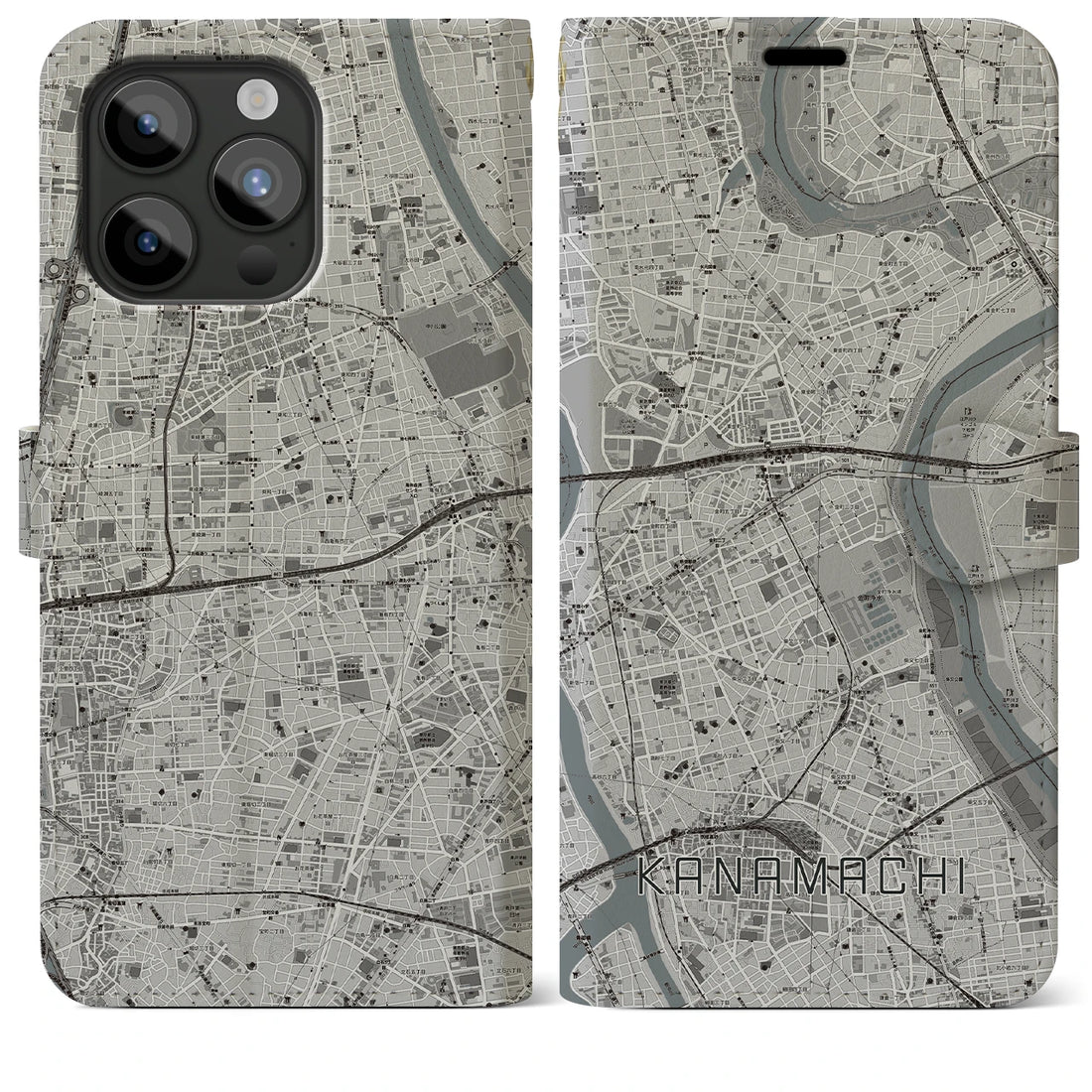 【金町】地図柄iPhoneケース（手帳両面タイプ・モノトーン）iPhone 15 Pro Max 用