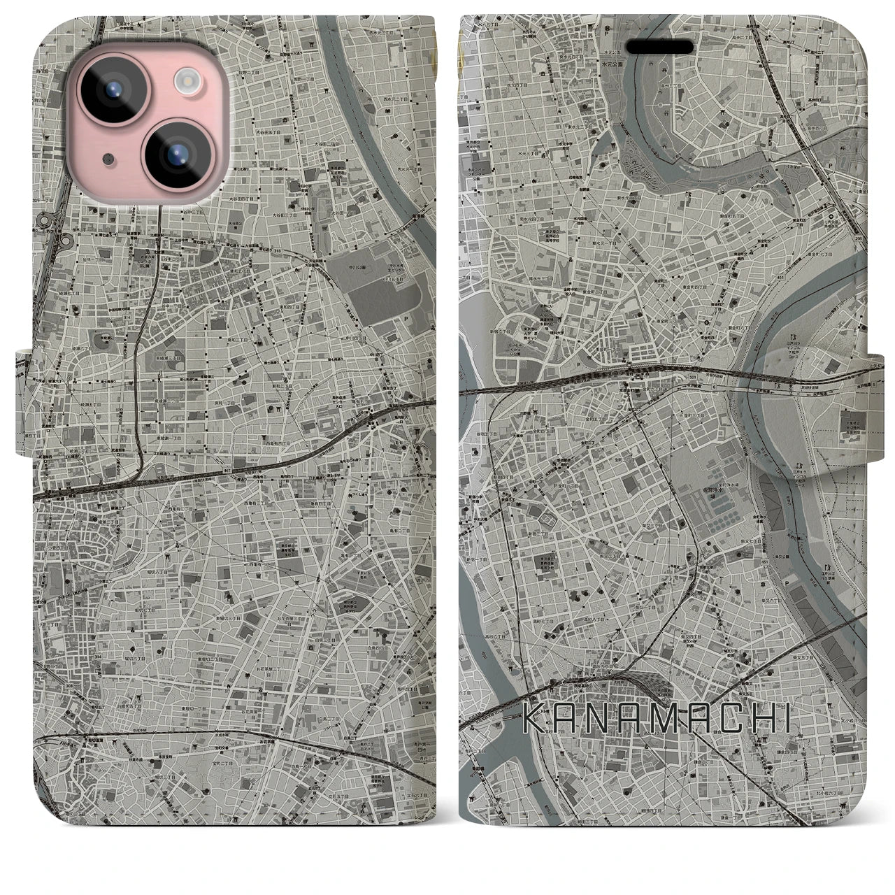 【金町】地図柄iPhoneケース（手帳両面タイプ・モノトーン）iPhone 15 Plus 用
