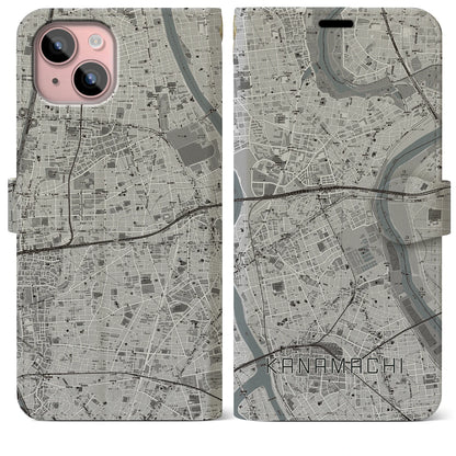 【金町（東京都）】地図柄iPhoneケース（手帳タイプ）モノトーン・iPhone 15 Plus 用