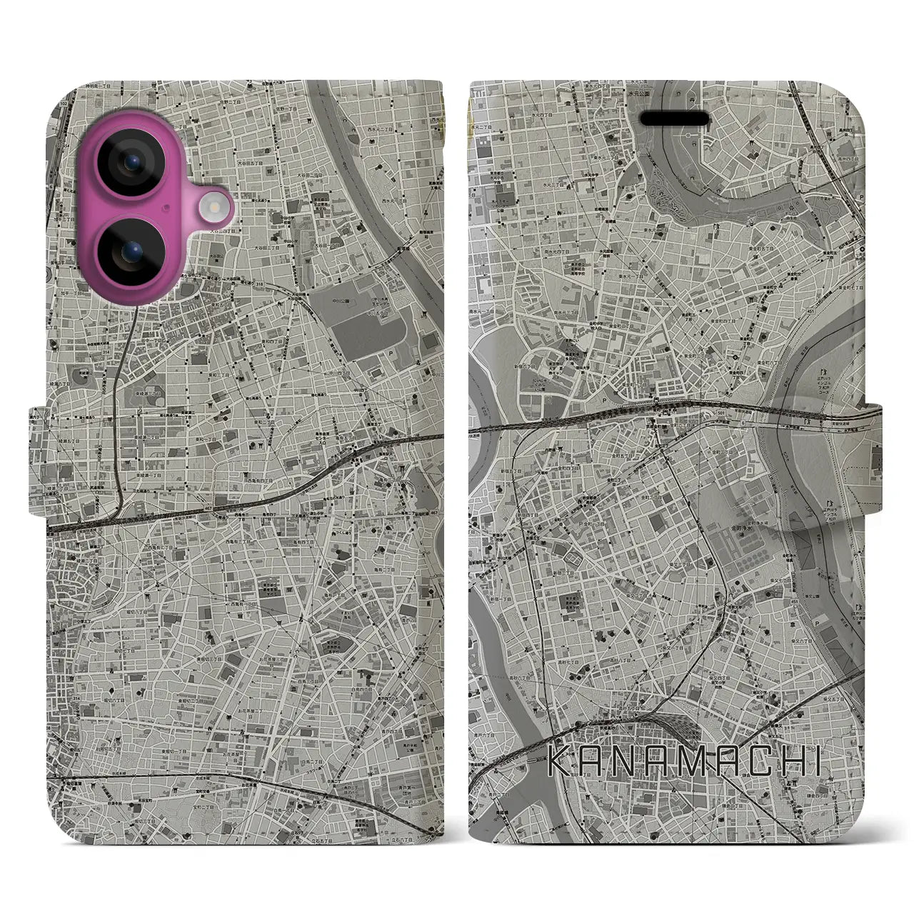 【金町（東京都）】地図柄iPhoneケース（手帳タイプ）モノトーン・iPhone 16 Pro 用