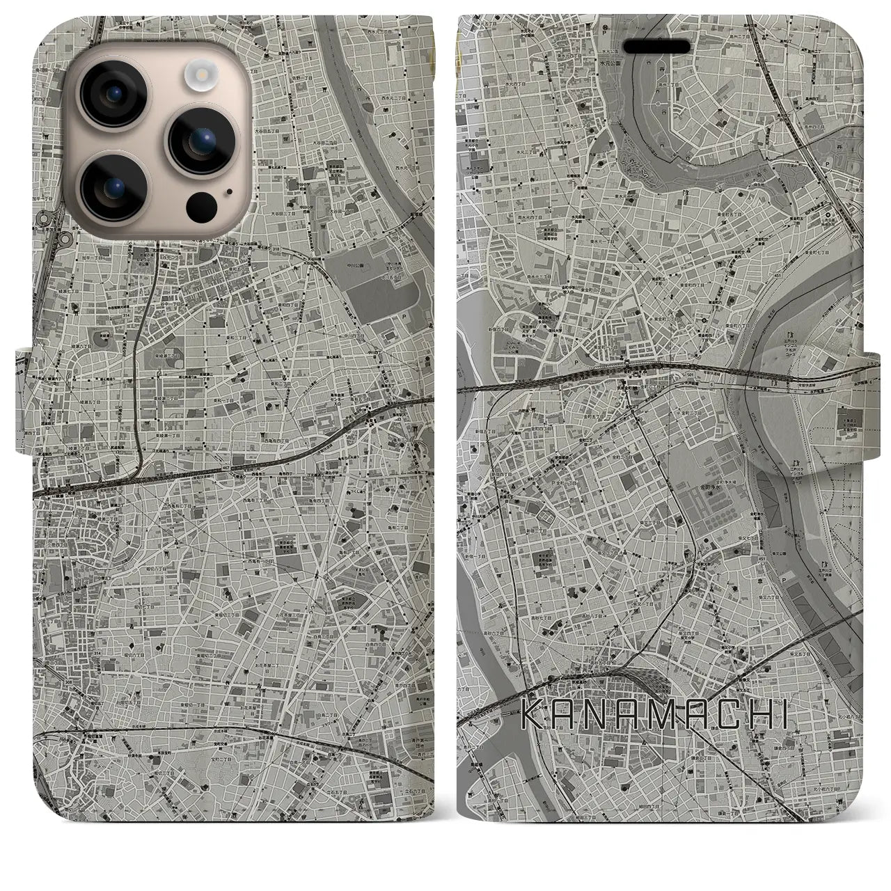 【金町（東京都）】地図柄iPhoneケース（手帳タイプ）モノトーン・iPhone 16 Plus 用