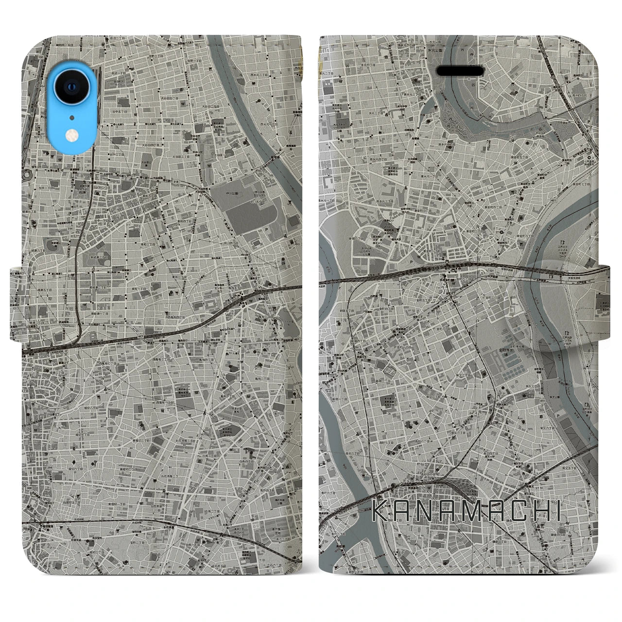 【金町】地図柄iPhoneケース（手帳両面タイプ・モノトーン）iPhone XR 用