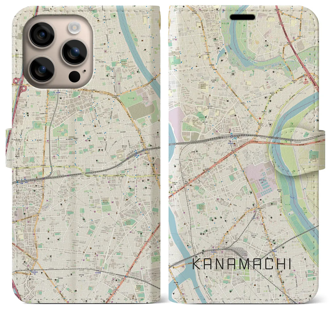 【金町（東京都）】地図柄iPhoneケース（手帳タイプ）ナチュラル・iPhone 16 Plus 用