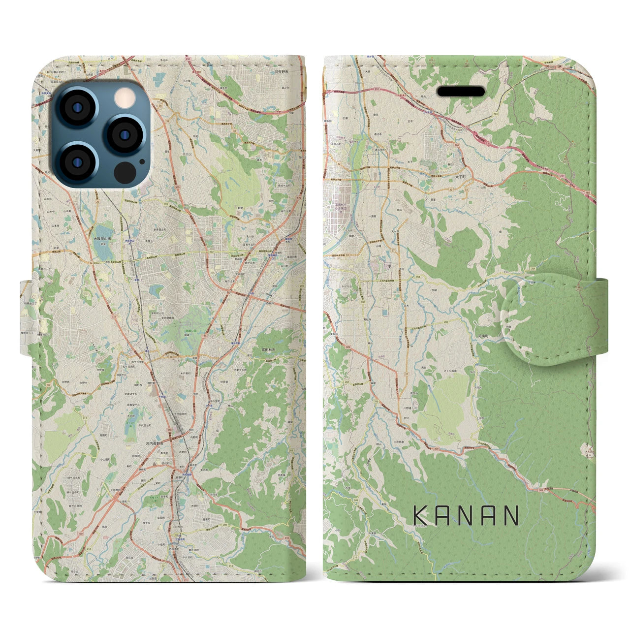 【河南（大阪府）】地図柄iPhoneケース（手帳タイプ）ナチュラル・iPhone 12 / 12 Pro 用