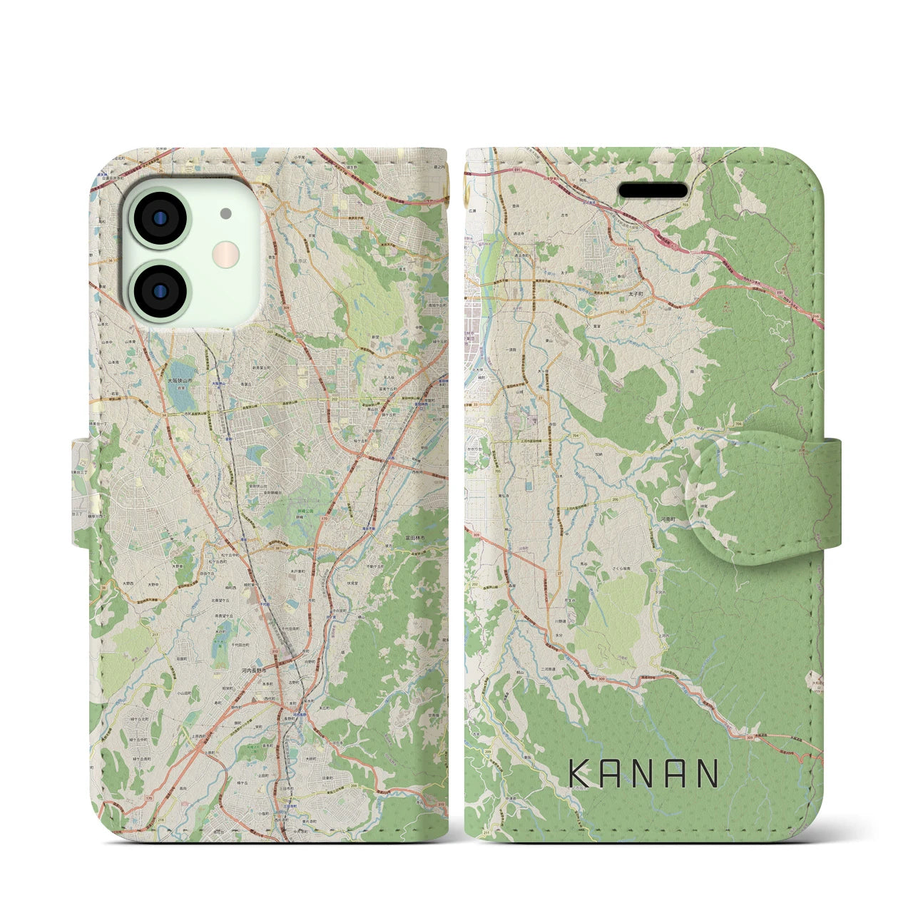 【河南（大阪府）】地図柄iPhoneケース（手帳タイプ）ナチュラル・iPhone 12 mini 用
