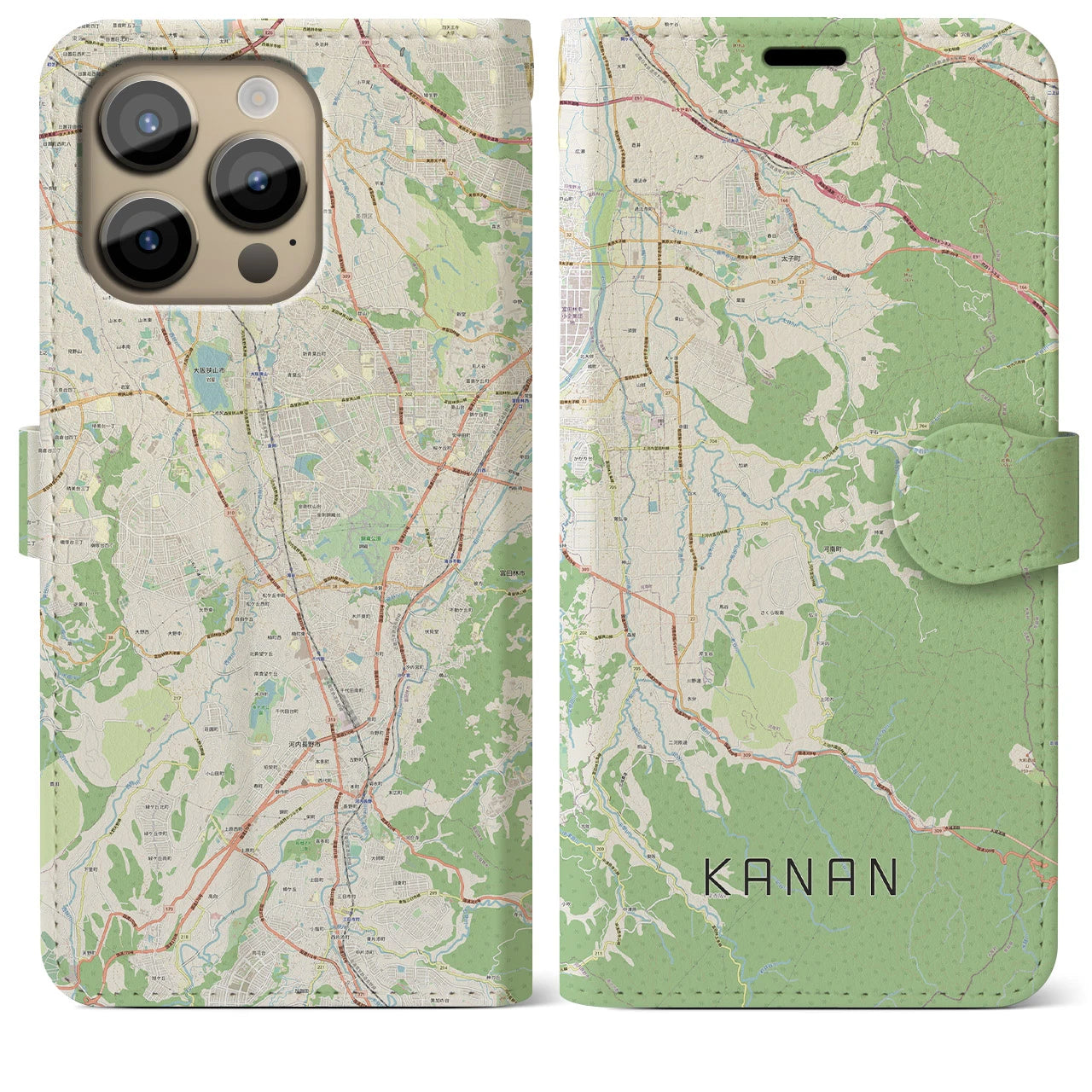 【河南（大阪府）】地図柄iPhoneケース（手帳タイプ）ナチュラル・iPhone 14 Pro Max 用