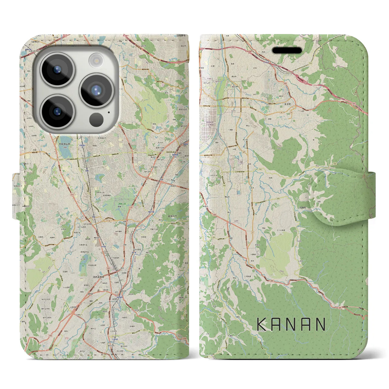 【河南（大阪府）】地図柄iPhoneケース（手帳タイプ）ナチュラル・iPhone 15 Pro 用