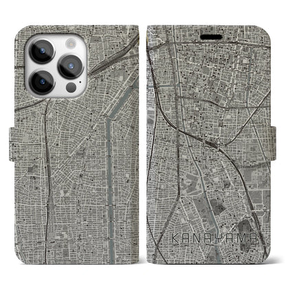 【金山（愛知県）】地図柄iPhoneケース（手帳タイプ）モノトーン・iPhone 14 Pro 用