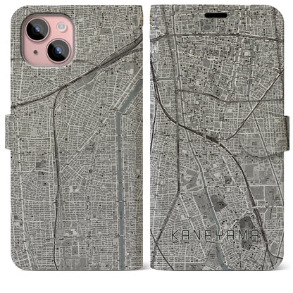 【金山（愛知県）】地図柄iPhoneケース（手帳タイプ）モノトーン・iPhone 15 Plus 用