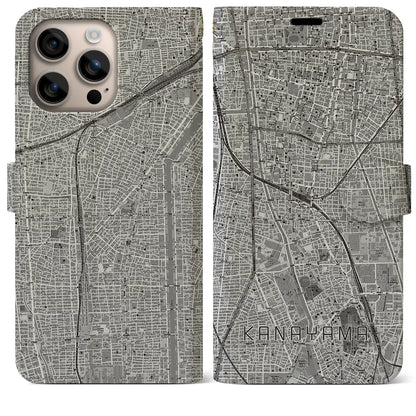 【金山（愛知県）】地図柄iPhoneケース（手帳タイプ）モノトーン・iPhone 16 Plus 用